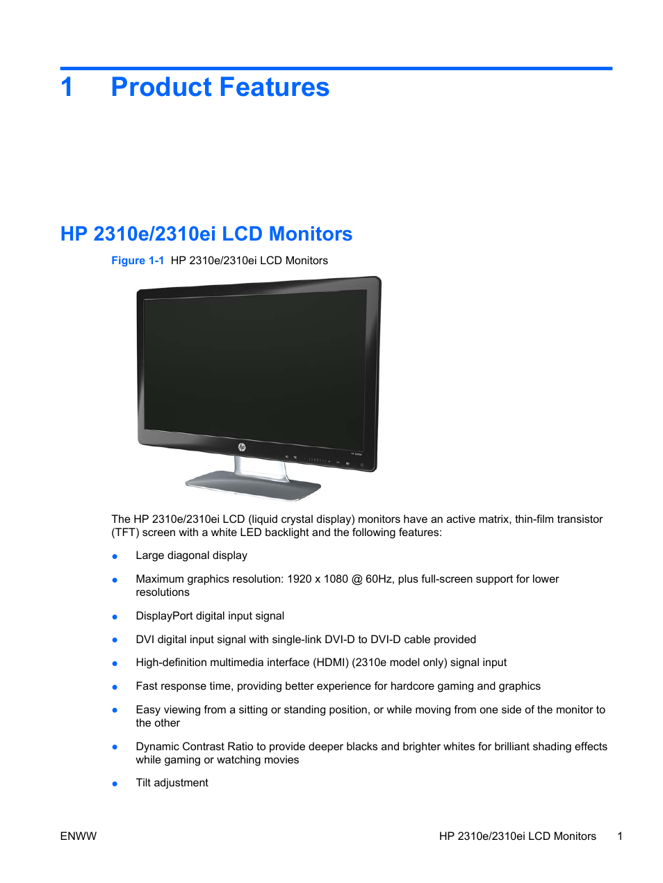 Product features, Hp 2310e/2310ei lcd monitors, 1 product features | 1product features | HP 2310e 23 inch Diagonal LCD Monitor User Manual | Page 7 / 38