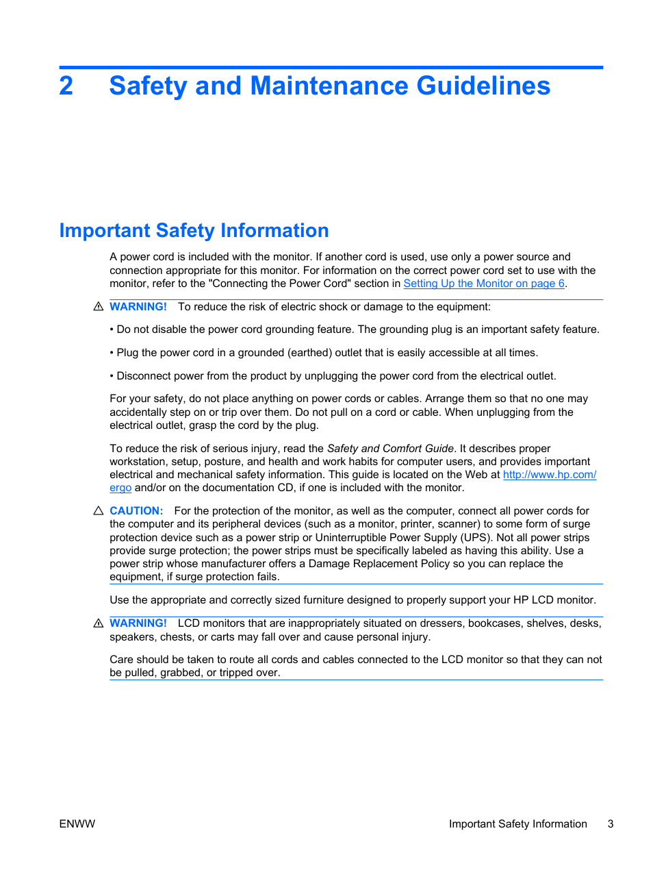 Safety and maintenance guidelines, Important safety information, 2 safety and maintenance guidelines | 2safety and maintenance guidelines | HP 2310e 23 inch Diagonal LCD Monitor User Manual | Page 9 / 38