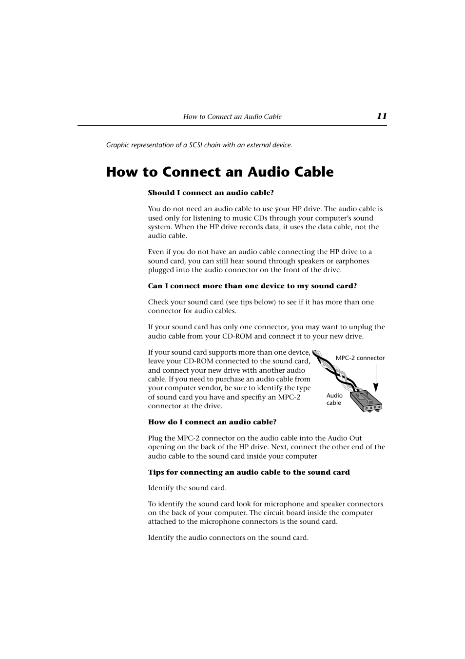 How to connect an audio cable | HP CD-Writer Plus Internal 9200i Drive User Manual | Page 11 / 40