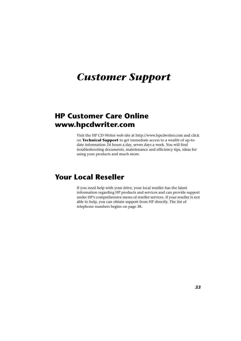 Customer support, Hp customer care online www.hpcdwriter.com, Your local reseller | HP CD-Writer Plus Internal 9200i Drive User Manual | Page 33 / 40
