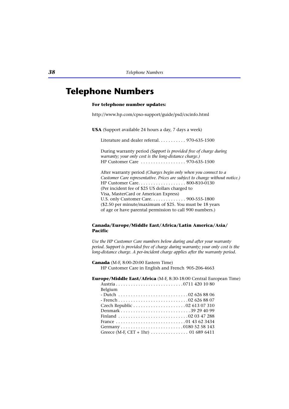 Telephone numbers | HP CD-Writer Plus Internal 9200i Drive User Manual | Page 38 / 40