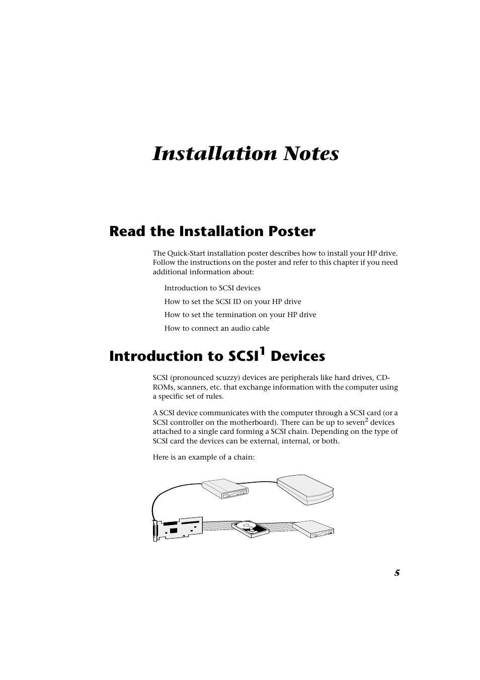 Installation notes, Read the installation poster, Introduction to scsi devices | Introduction to scsi, Devices | HP CD-Writer Plus Internal 9200i Drive User Manual | Page 5 / 40