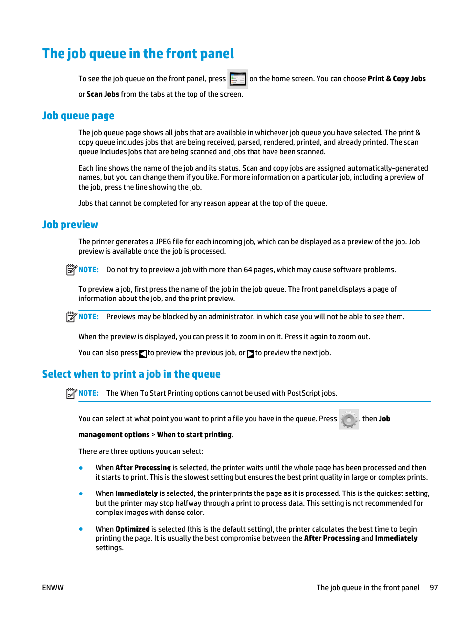 The job queue in the front panel, Job preview, Select when to print a job in the queue | Job queue page | HP Designjet T3500 Production eMFP User Manual | Page 107 / 278