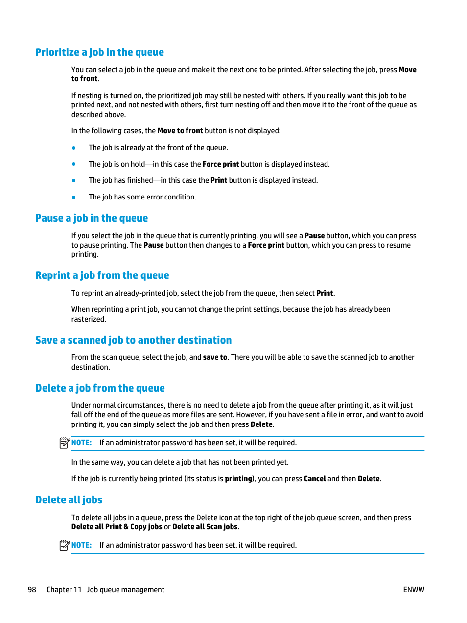 Prioritize a job in the queue, Pause a job in the queue, Reprint a job from the queue | Save a scanned job to another destination, Delete a job from the queue, Delete all jobs | HP Designjet T3500 Production eMFP User Manual | Page 108 / 278