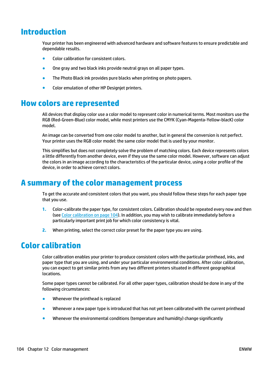 Introduction, How colors are represented, A summary of the color management process | Color calibration | HP Designjet T3500 Production eMFP User Manual | Page 114 / 278