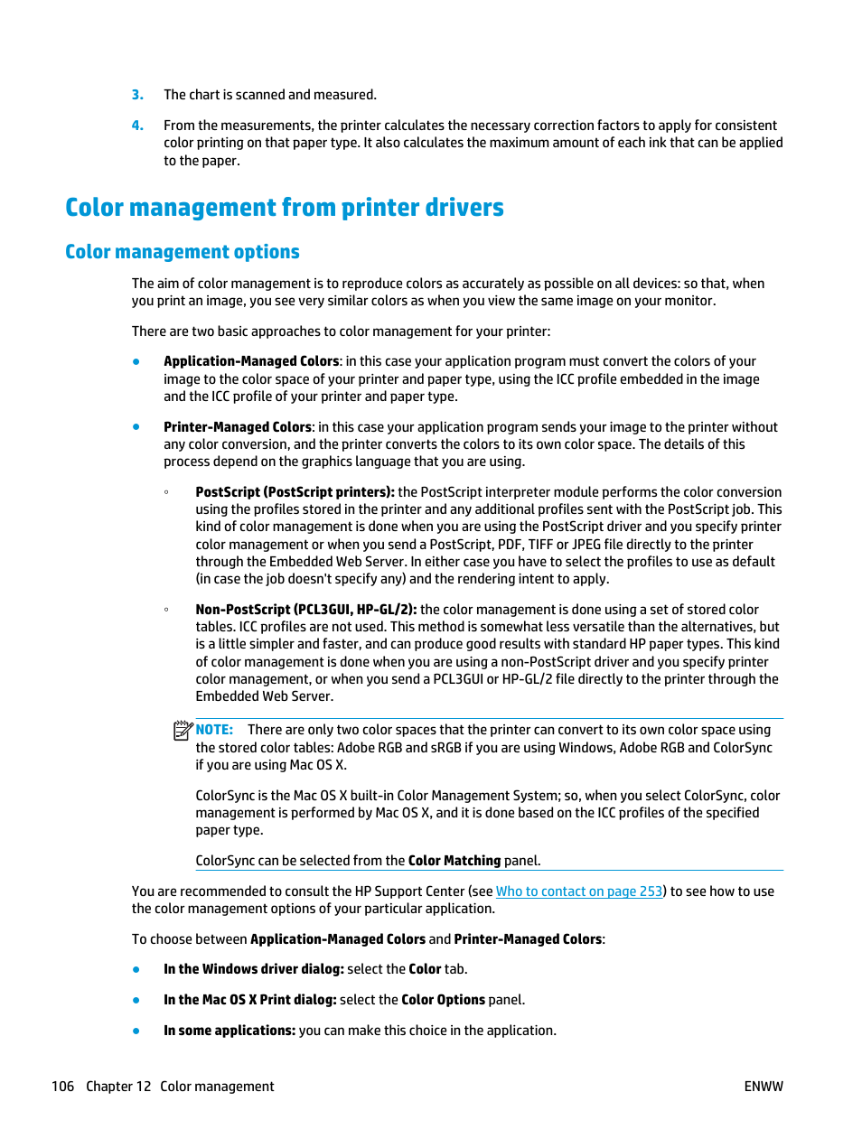 Color management from printer drivers, Color management options | HP Designjet T3500 Production eMFP User Manual | Page 116 / 278