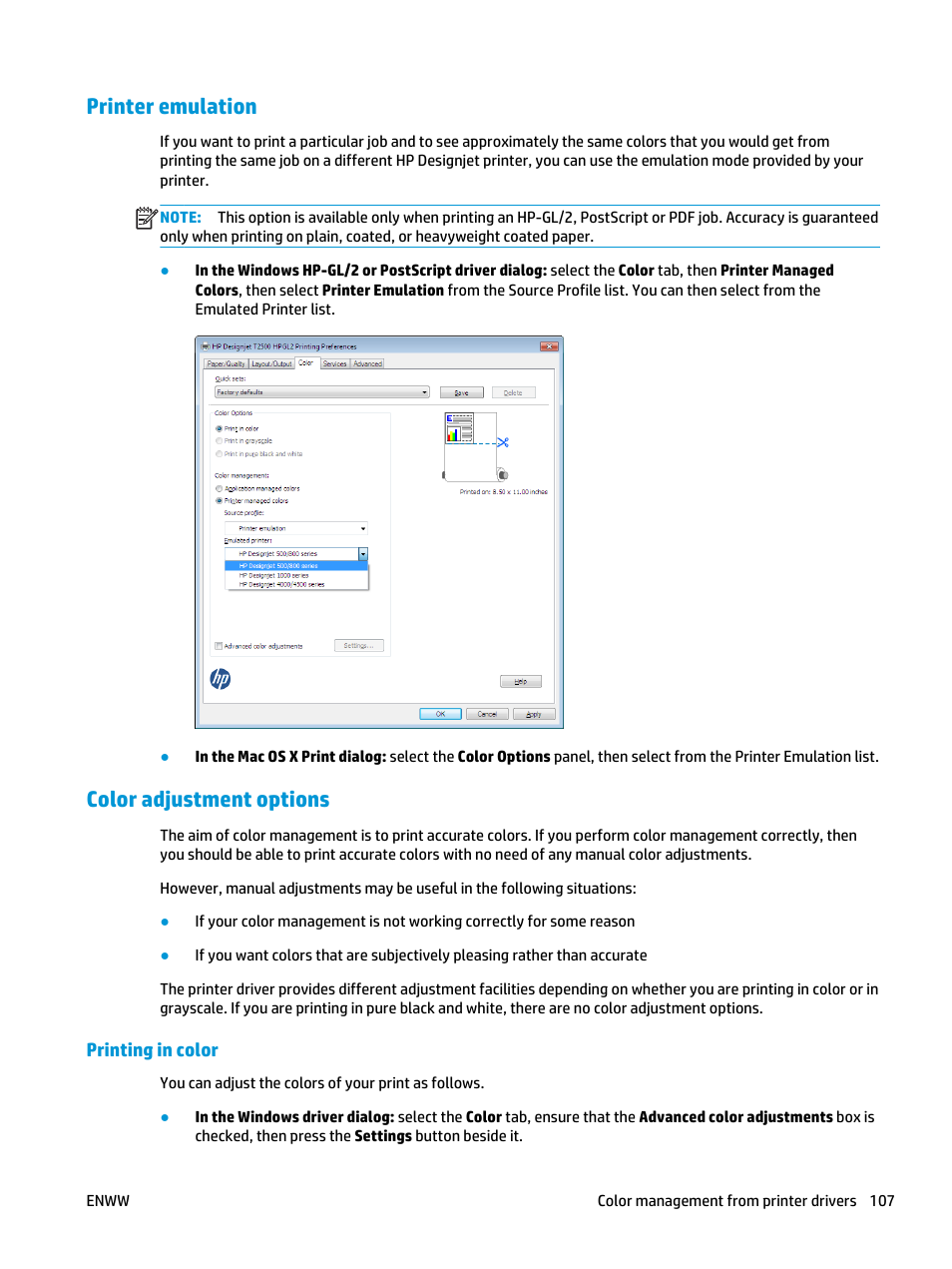 Printer emulation, Color adjustment options, Printing in color | HP Designjet T3500 Production eMFP User Manual | Page 117 / 278