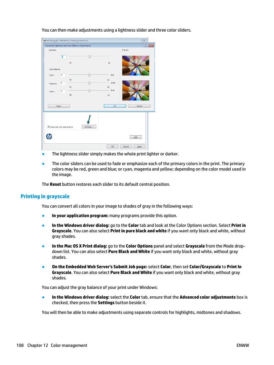 Printing in grayscale | HP Designjet T3500 Production eMFP User Manual | Page 118 / 278
