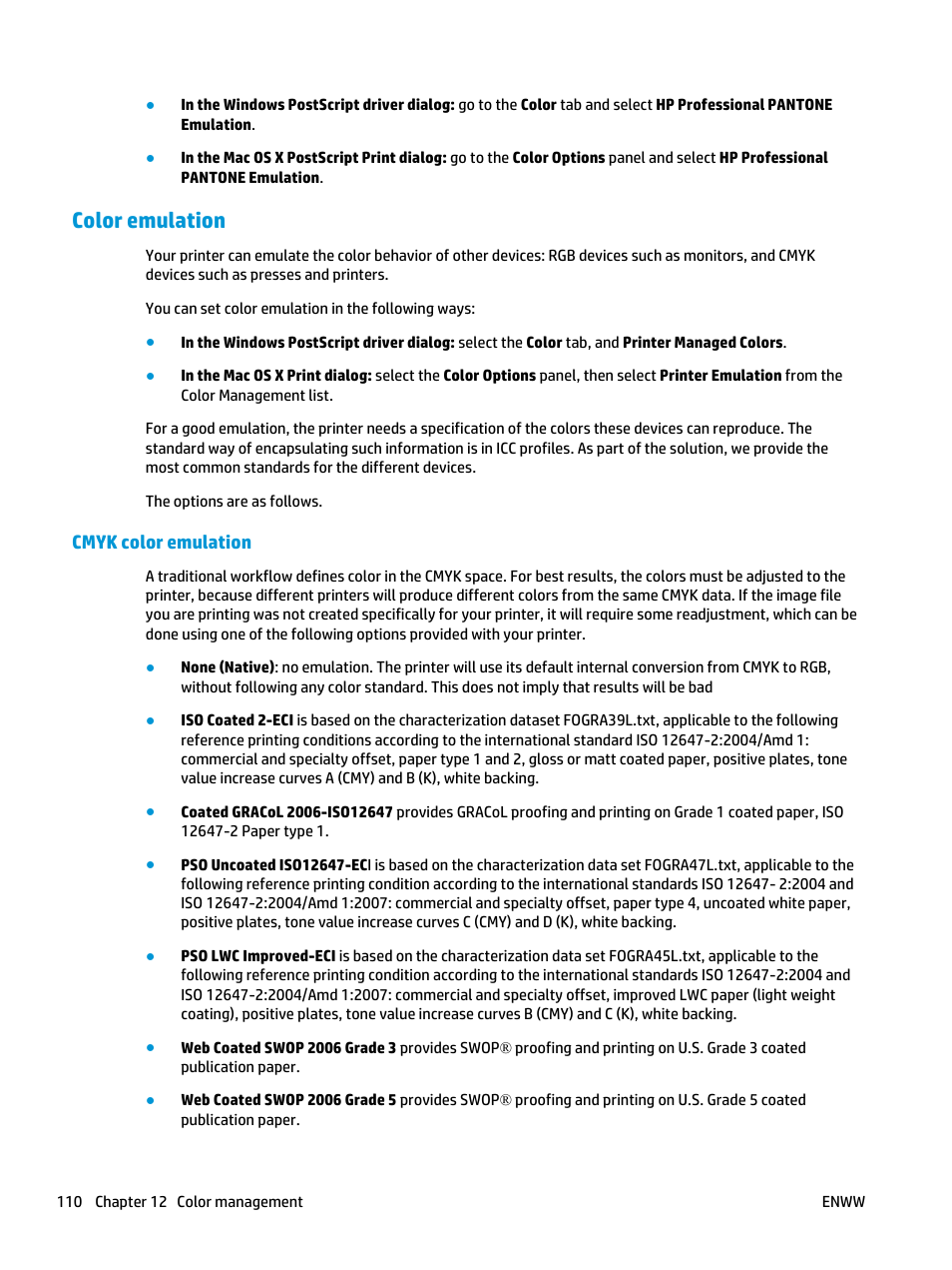 Color emulation, Cmyk color emulation | HP Designjet T3500 Production eMFP User Manual | Page 120 / 278