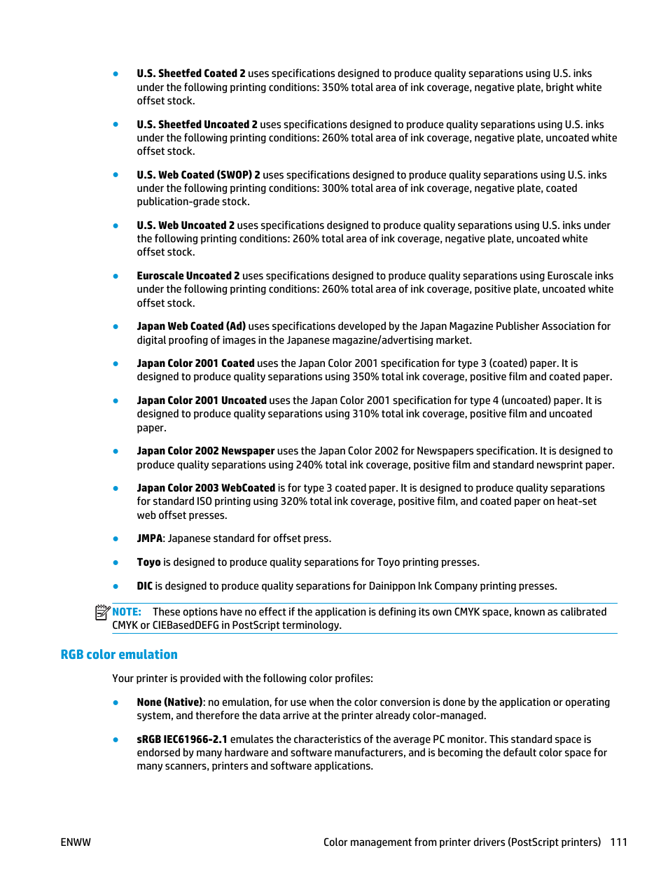 Rgb color emulation | HP Designjet T3500 Production eMFP User Manual | Page 121 / 278