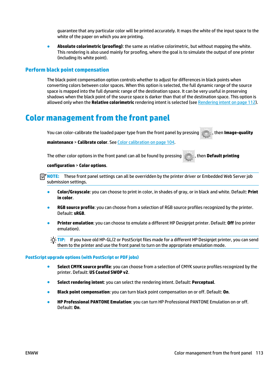 Perform black point compensation, Color management from the front panel | HP Designjet T3500 Production eMFP User Manual | Page 123 / 278