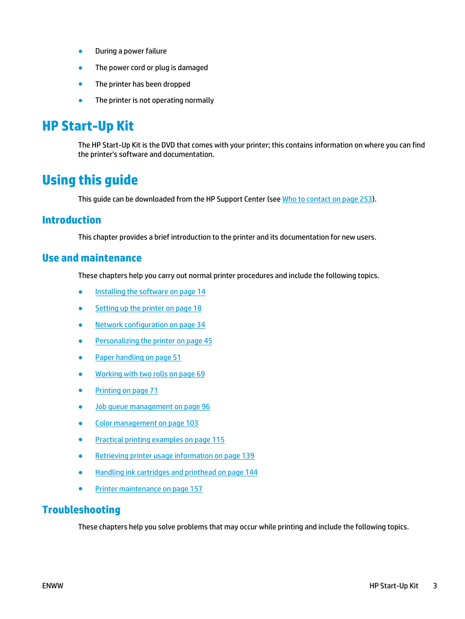 Hp start-up kit, Using this guide, Introduction | Use and maintenance, Troubleshooting, Hp start-up kit using this guide | HP Designjet T3500 Production eMFP User Manual | Page 13 / 278