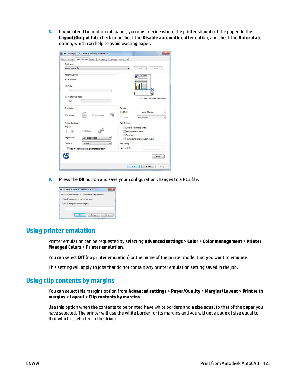 Using printer emulation, Using clip contents by margins | HP Designjet T3500 Production eMFP User Manual | Page 133 / 278