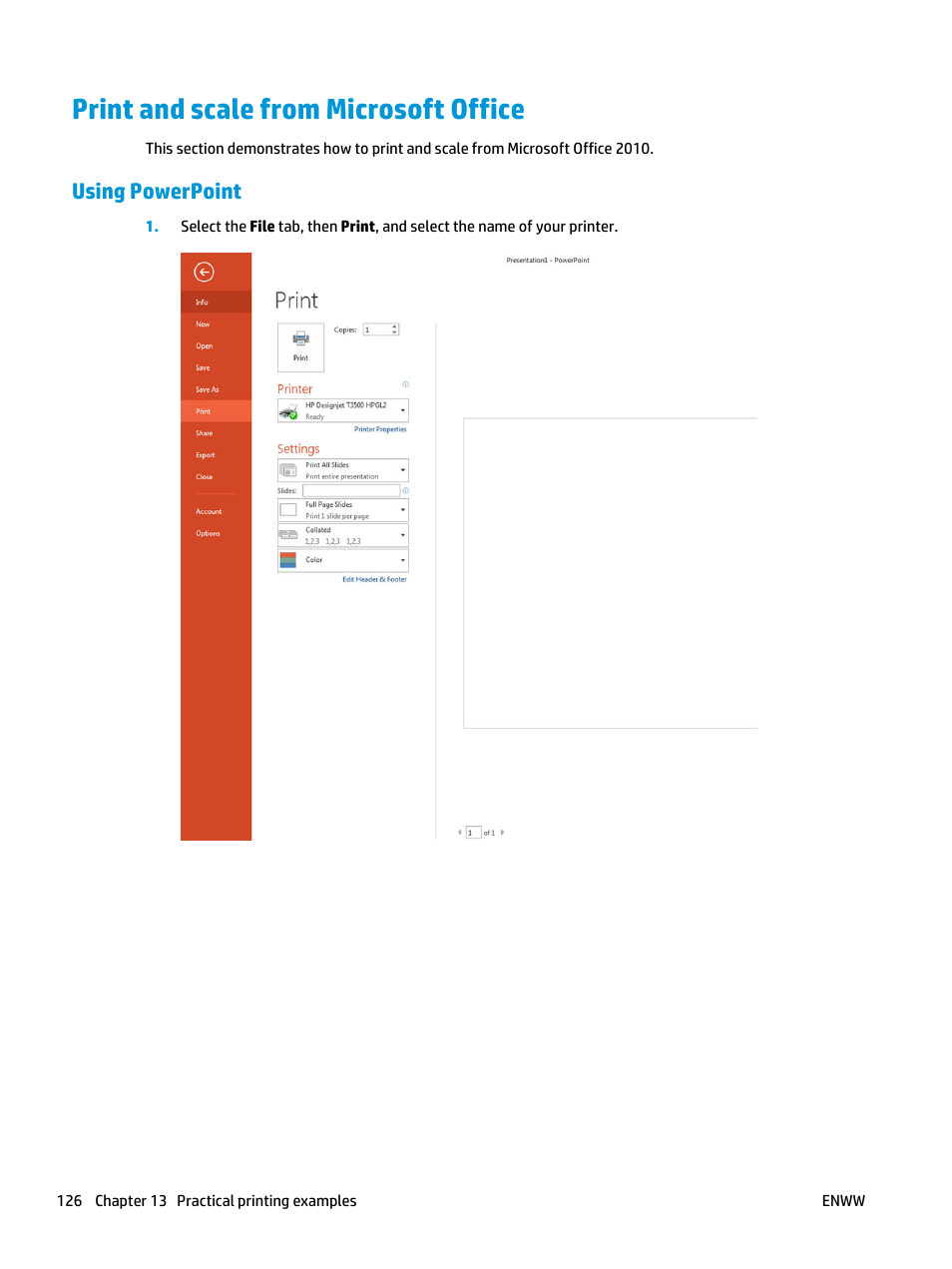 Print and scale from microsoft office, Using powerpoint | HP Designjet T3500 Production eMFP User Manual | Page 136 / 278