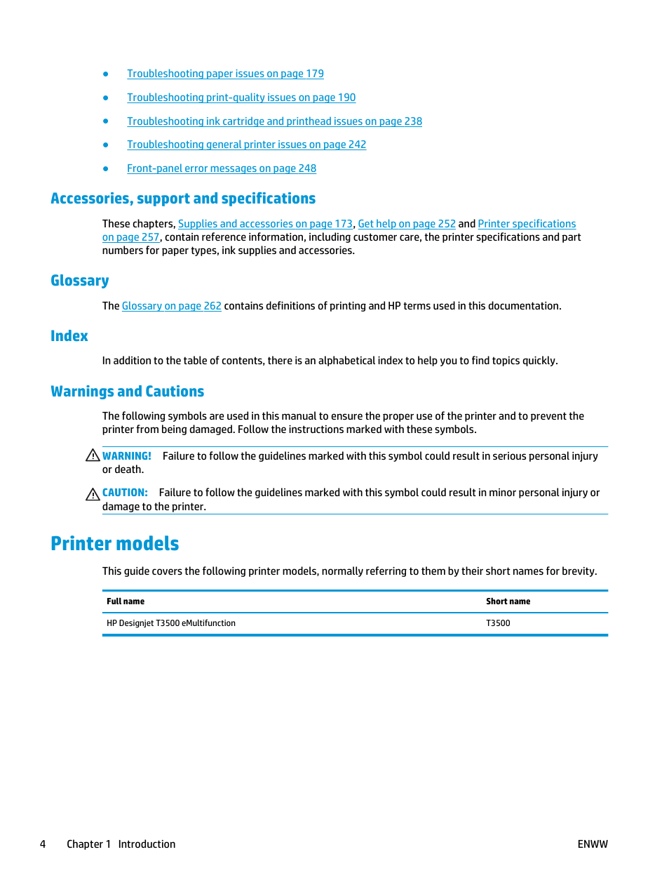 Accessories, support and specifications, Glossary, Index | Warnings and cautions, Printer models | HP Designjet T3500 Production eMFP User Manual | Page 14 / 278