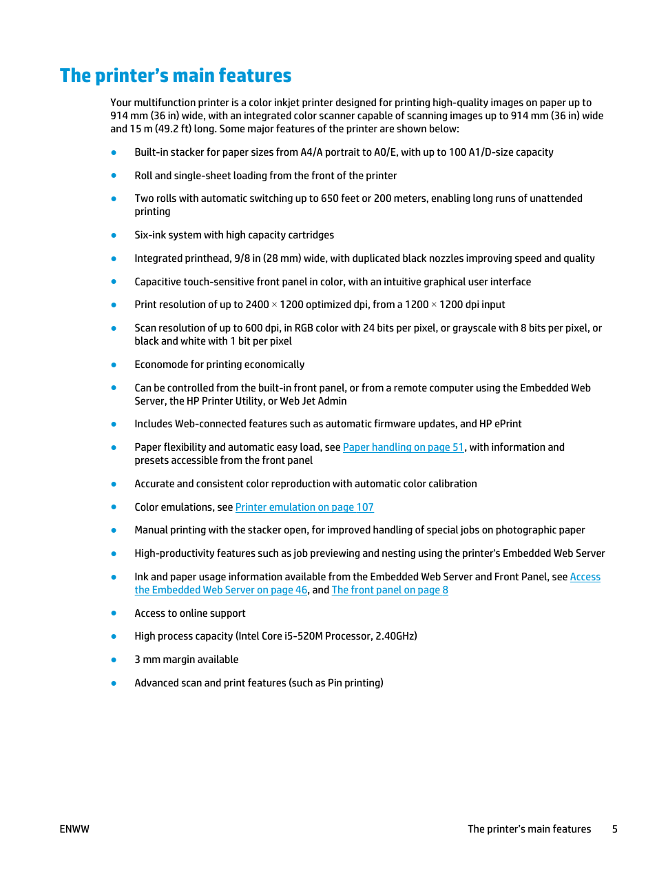 The printer’s main features | HP Designjet T3500 Production eMFP User Manual | Page 15 / 278