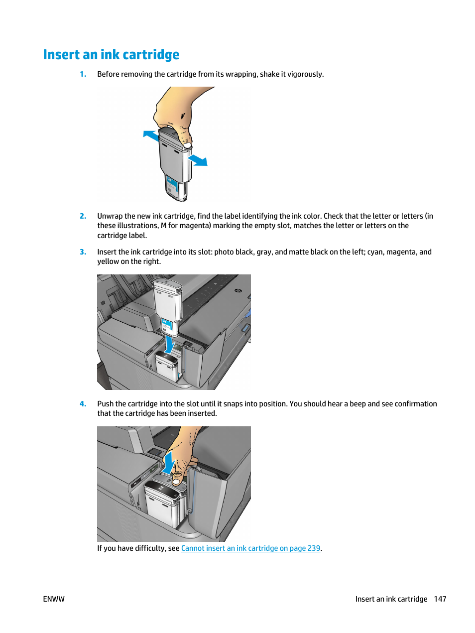 Insert an ink cartridge | HP Designjet T3500 Production eMFP User Manual | Page 157 / 278