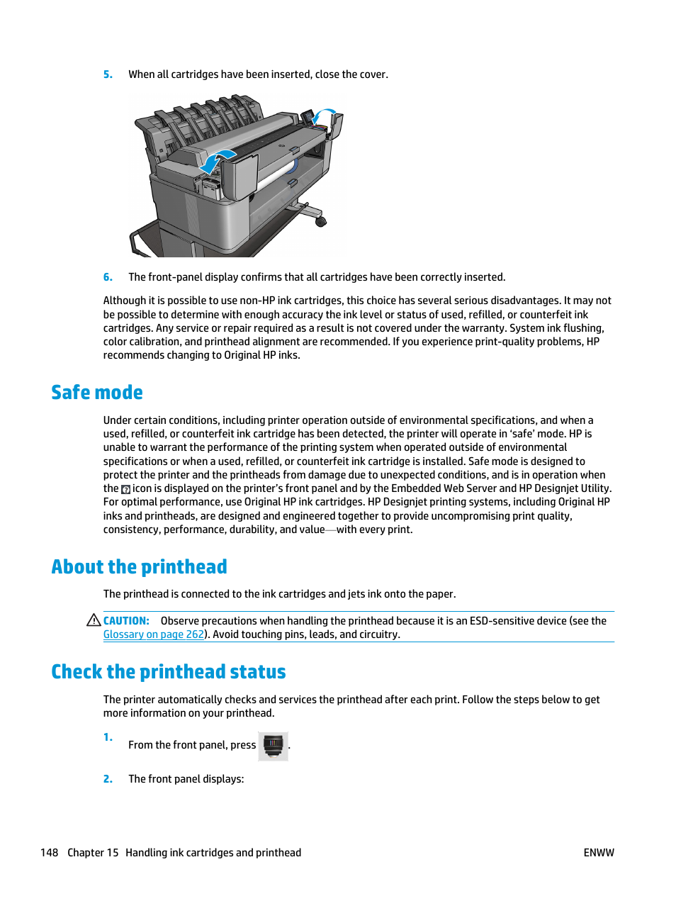 Safe mode, About the printhead, Check the printhead status | HP Designjet T3500 Production eMFP User Manual | Page 158 / 278