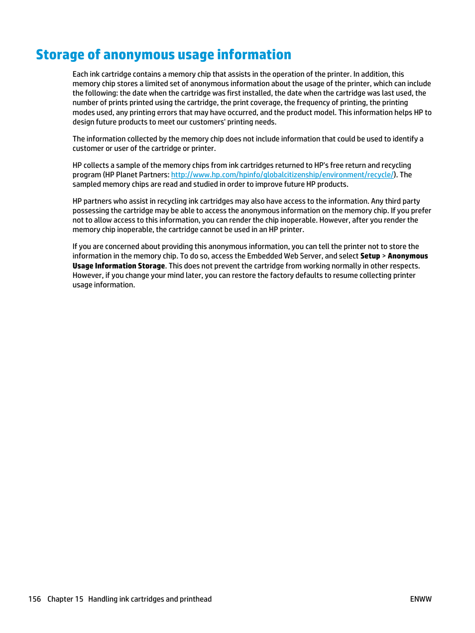 Storage of anonymous usage information | HP Designjet T3500 Production eMFP User Manual | Page 166 / 278