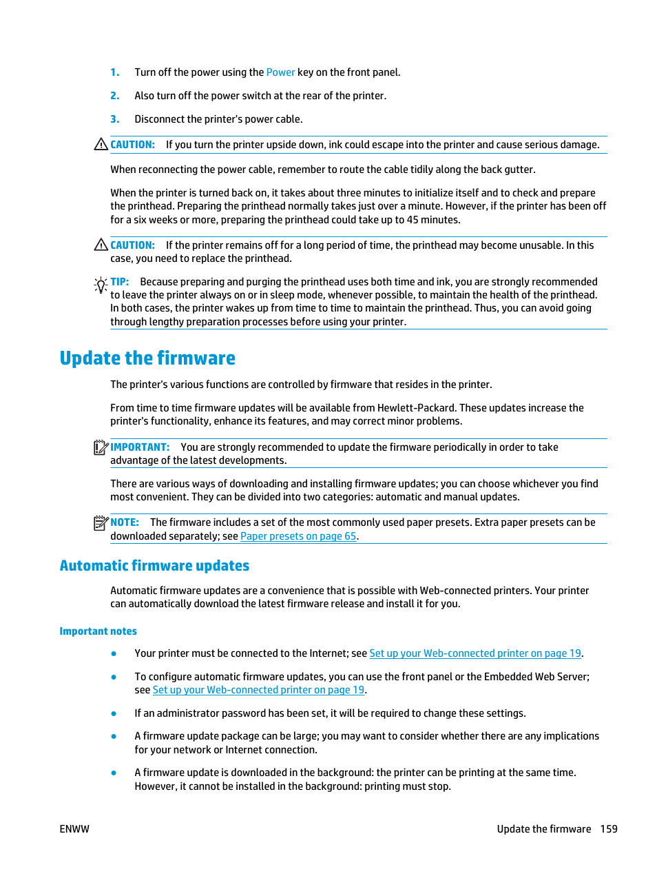 Update the firmware, Automatic firmware updates, Update the printer's firmware, see | HP Designjet T3500 Production eMFP User Manual | Page 169 / 278