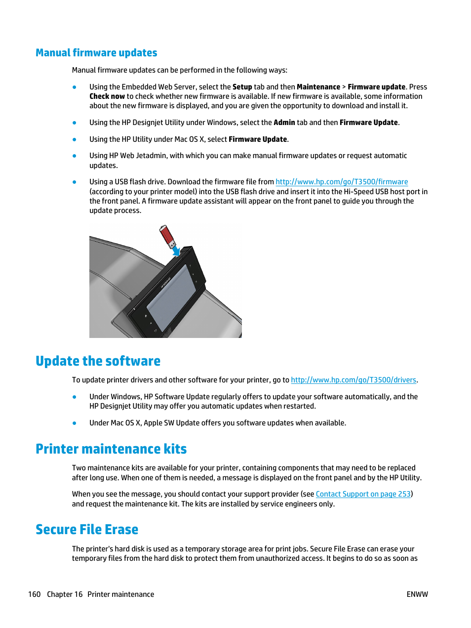 Manual firmware updates, Update the software, Printer maintenance kits | Secure file erase | HP Designjet T3500 Production eMFP User Manual | Page 170 / 278