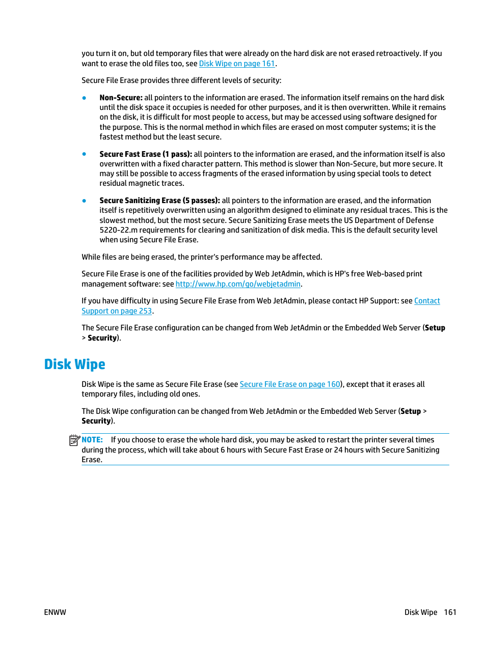 Disk wipe | HP Designjet T3500 Production eMFP User Manual | Page 171 / 278