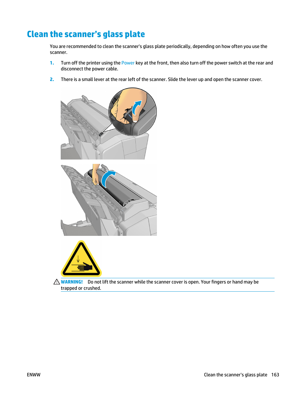 Clean the scanner’s glass plate | HP Designjet T3500 Production eMFP User Manual | Page 173 / 278
