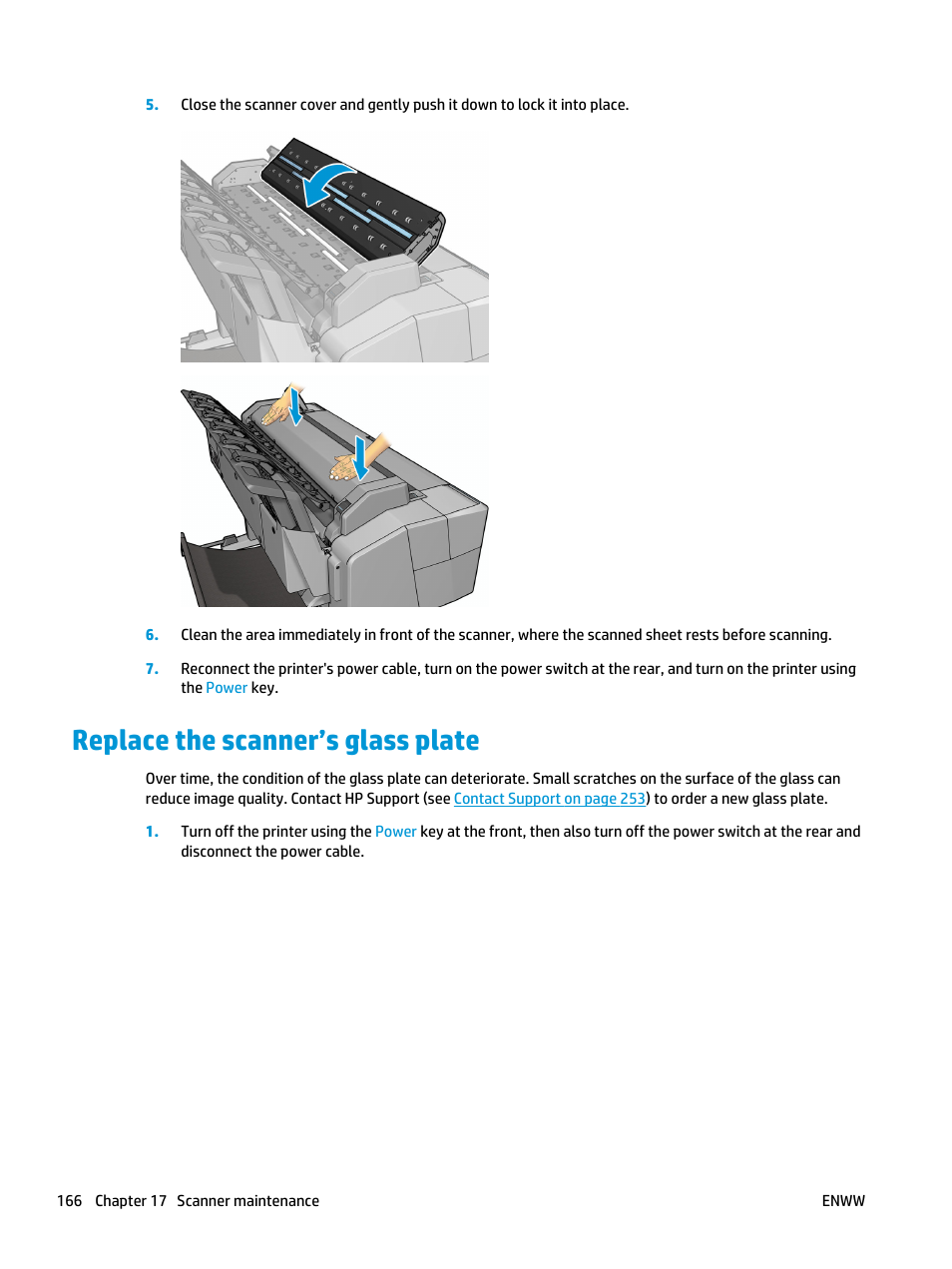 Replace the scanner’s glass plate | HP Designjet T3500 Production eMFP User Manual | Page 176 / 278