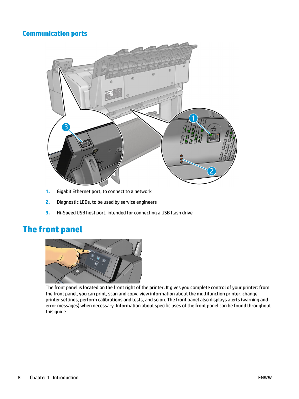 Communication ports, The front panel | HP Designjet T3500 Production eMFP User Manual | Page 18 / 278