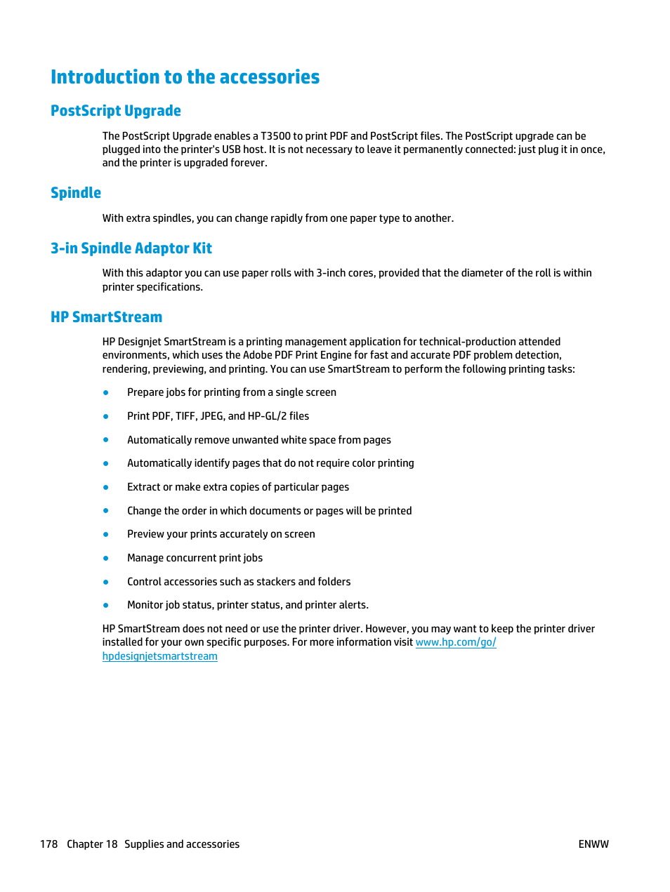 Introduction to the accessories, Postscript upgrade, Spindle | In spindle adaptor kit, Hp smartstream | HP Designjet T3500 Production eMFP User Manual | Page 188 / 278