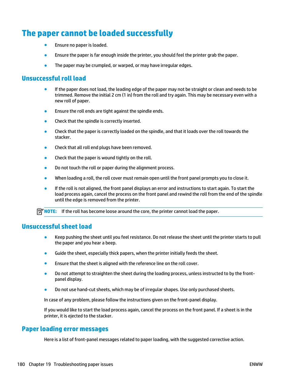 The paper cannot be loaded successfully, Unsuccessful roll load, Unsuccessful sheet load | Paper loading error messages, The paper cannot be | HP Designjet T3500 Production eMFP User Manual | Page 190 / 278