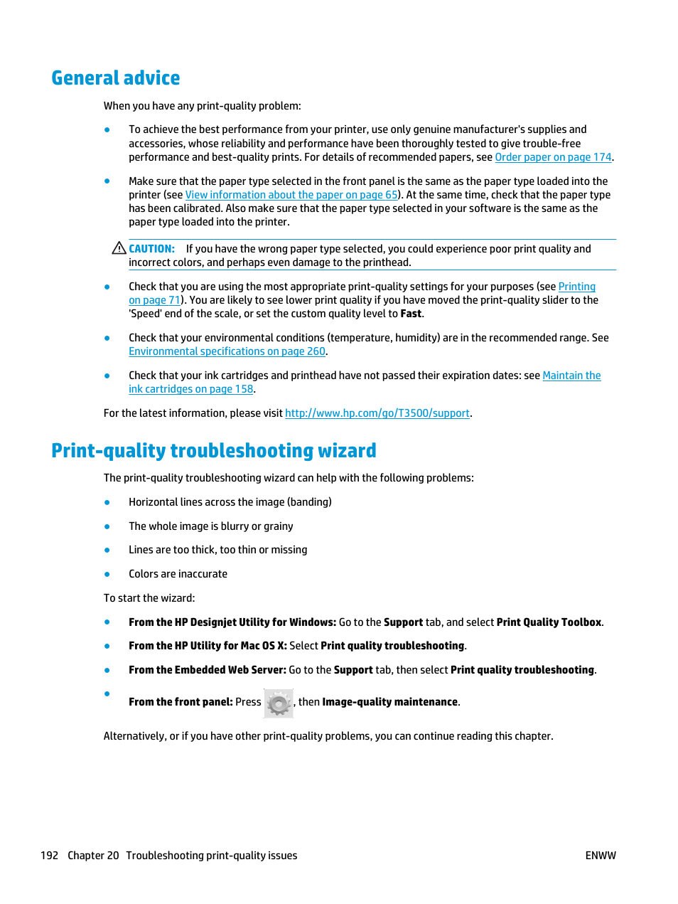 General advice, Print-quality troubleshooting wizard | HP Designjet T3500 Production eMFP User Manual | Page 202 / 278