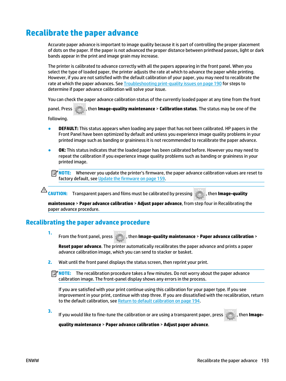 Recalibrate the paper advance, Recalibrating the paper advance procedure | HP Designjet T3500 Production eMFP User Manual | Page 203 / 278