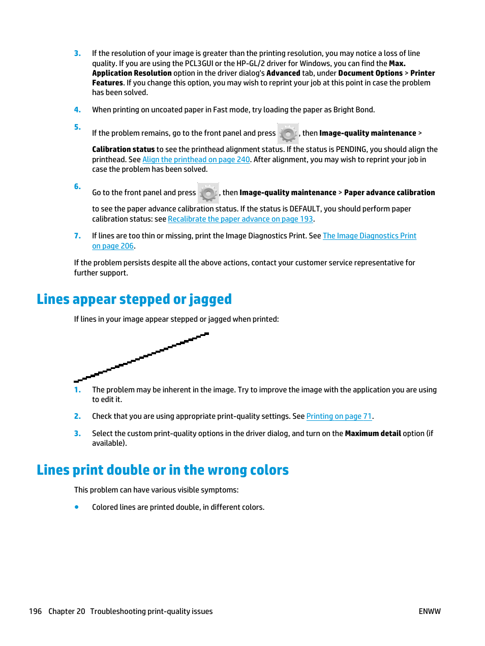 Lines appear stepped or jagged, Lines print double or in the wrong colors | HP Designjet T3500 Production eMFP User Manual | Page 206 / 278
