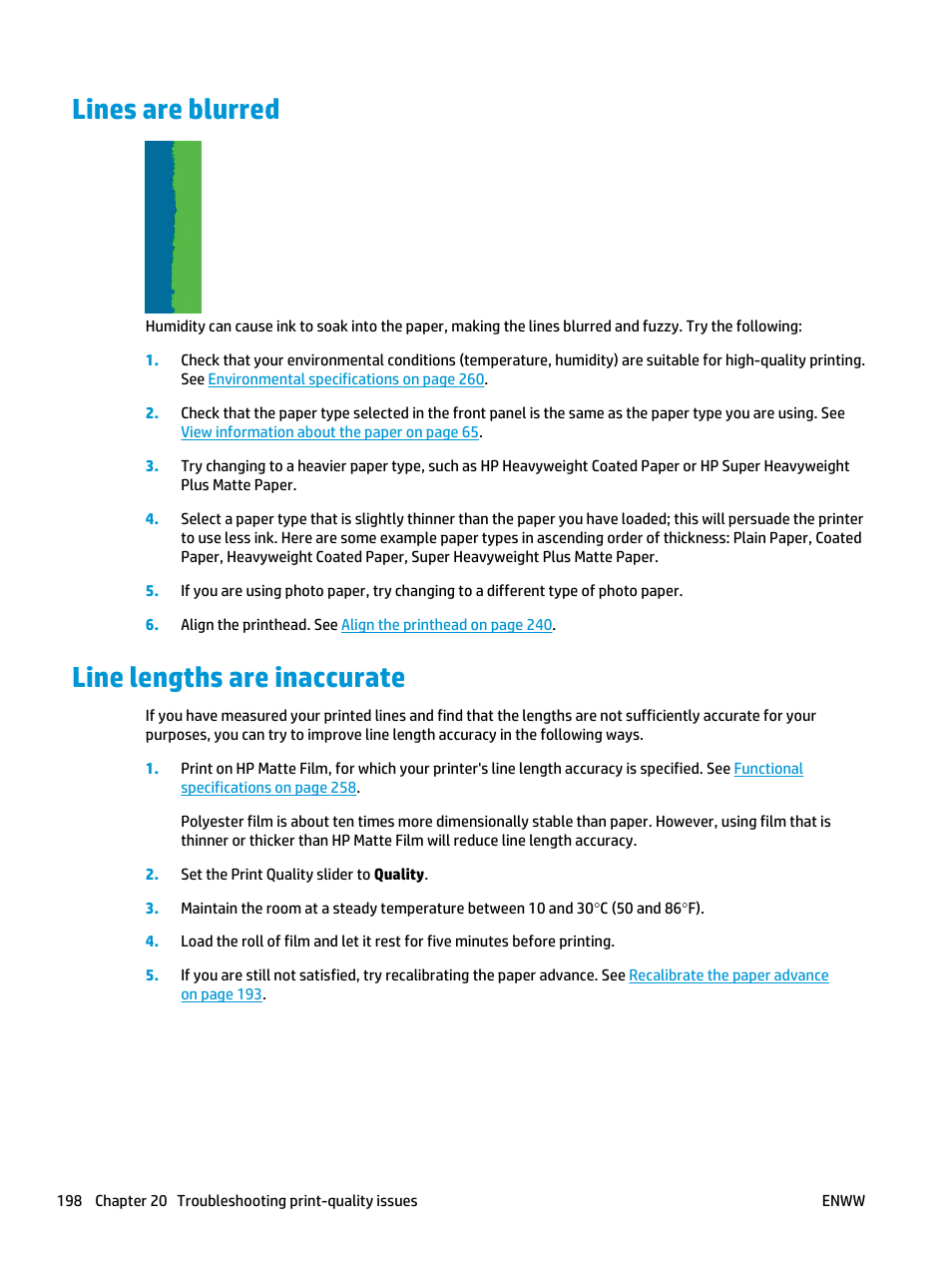 Lines are blurred, Line lengths are inaccurate, Lines are blurred line lengths are inaccurate | HP Designjet T3500 Production eMFP User Manual | Page 208 / 278