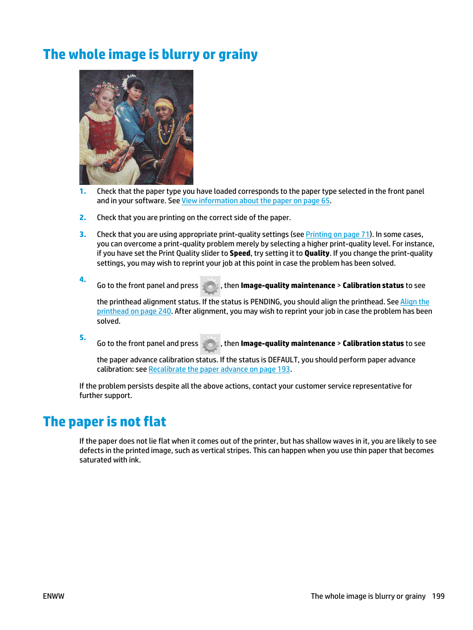 The whole image is blurry or grainy, The paper is not flat | HP Designjet T3500 Production eMFP User Manual | Page 209 / 278