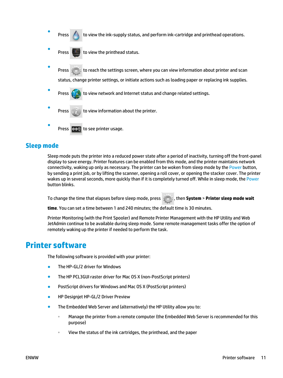 Sleep mode, Printer software | HP Designjet T3500 Production eMFP User Manual | Page 21 / 278