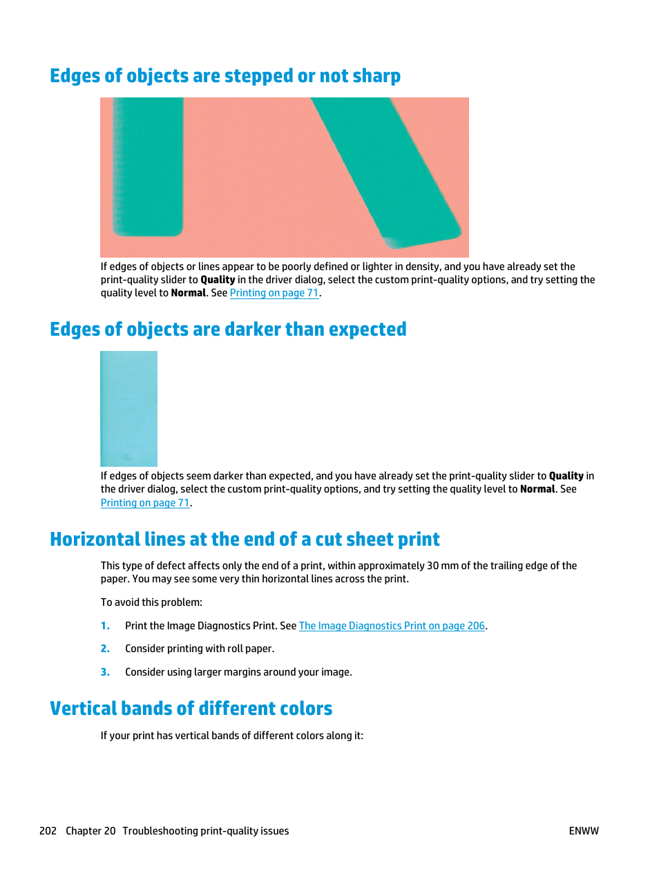 Edges of objects are stepped or not sharp, Edges of objects are darker than expected, Horizontal lines at the end of a cut sheet print | Vertical bands of different colors | HP Designjet T3500 Production eMFP User Manual | Page 212 / 278
