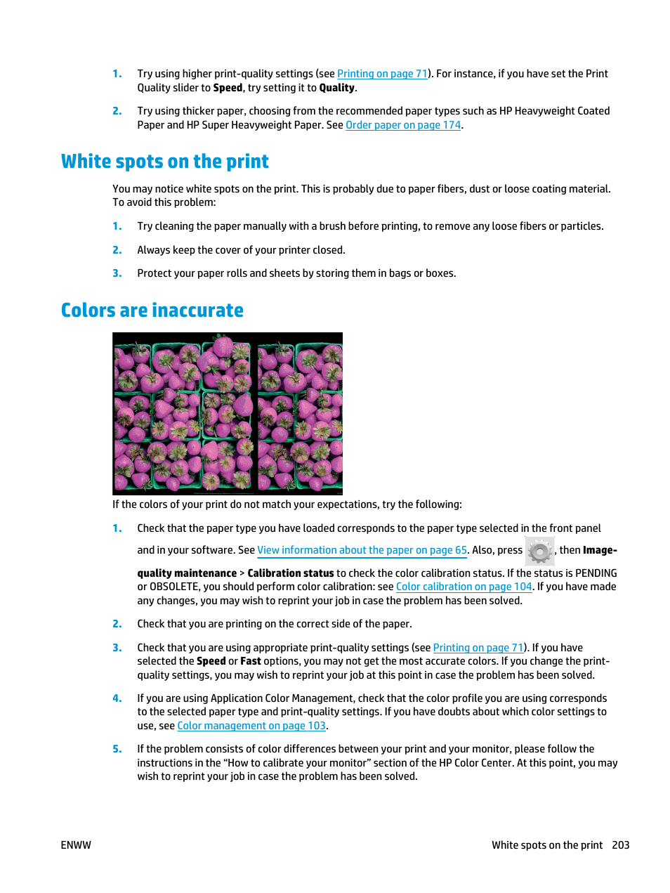 White spots on the print, Colors are inaccurate, White spots on the print colors are inaccurate | HP Designjet T3500 Production eMFP User Manual | Page 213 / 278