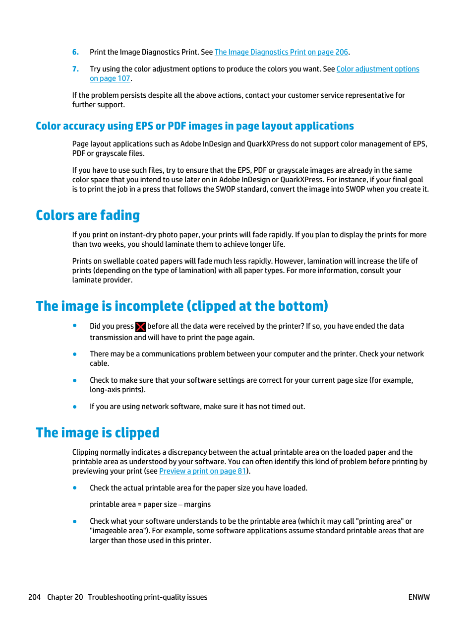 Colors are fading, The image is incomplete (clipped at the bottom), The image is clipped | HP Designjet T3500 Production eMFP User Manual | Page 214 / 278