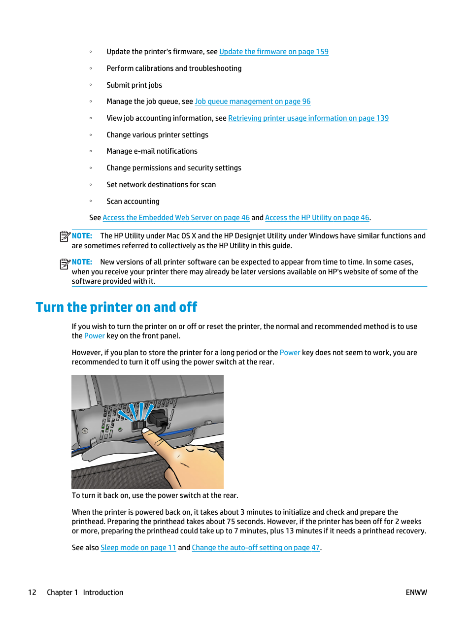 Turn the printer on and off | HP Designjet T3500 Production eMFP User Manual | Page 22 / 278