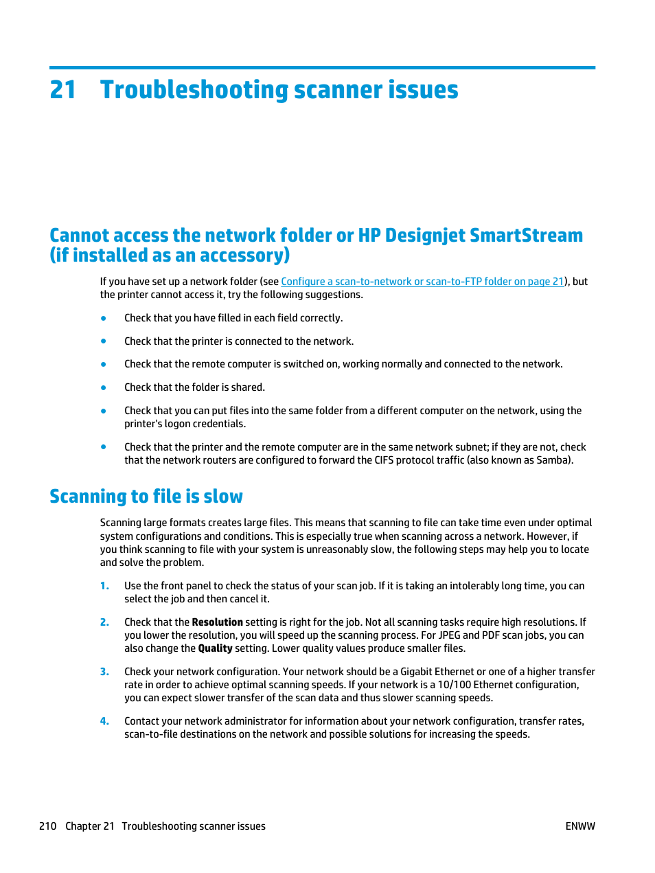 Troubleshooting scanner issues, Scanning to file is slow, 21 troubleshooting scanner issues | HP Designjet T3500 Production eMFP User Manual | Page 220 / 278