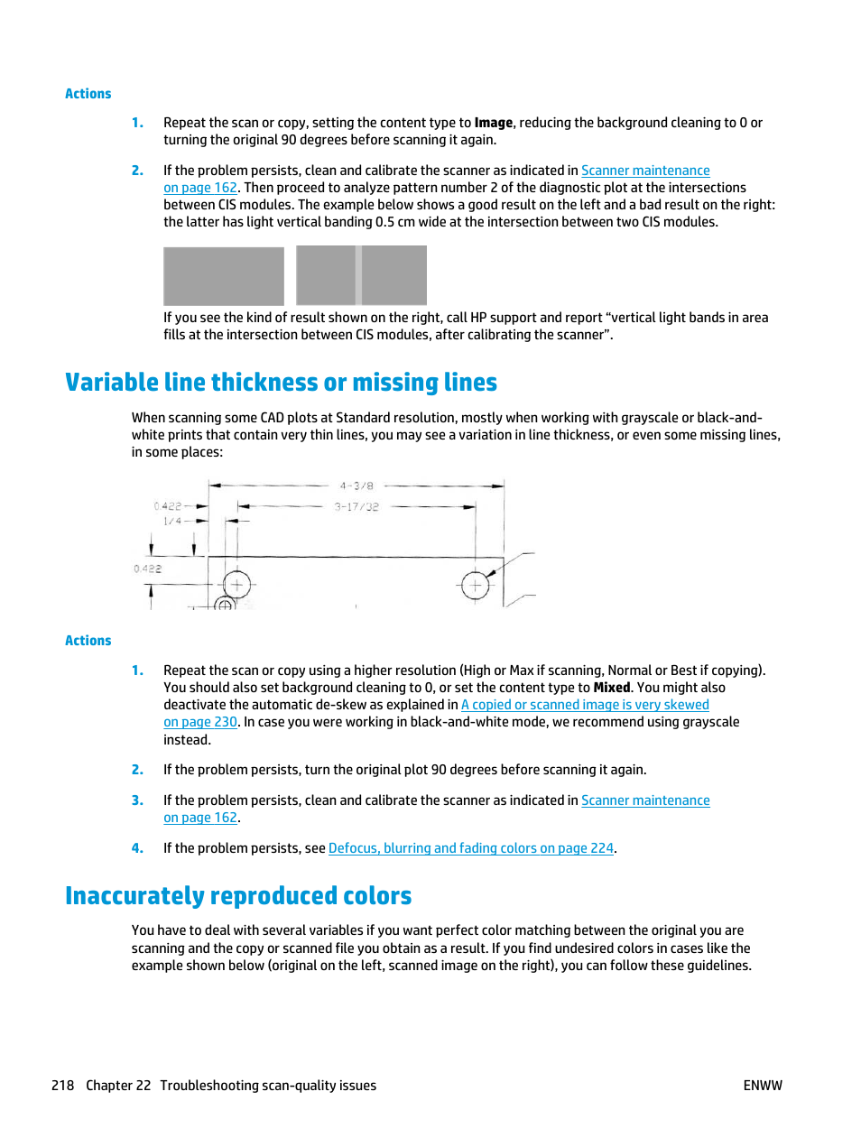 Variable line thickness or missing lines, Inaccurately reproduced colors | HP Designjet T3500 Production eMFP User Manual | Page 228 / 278