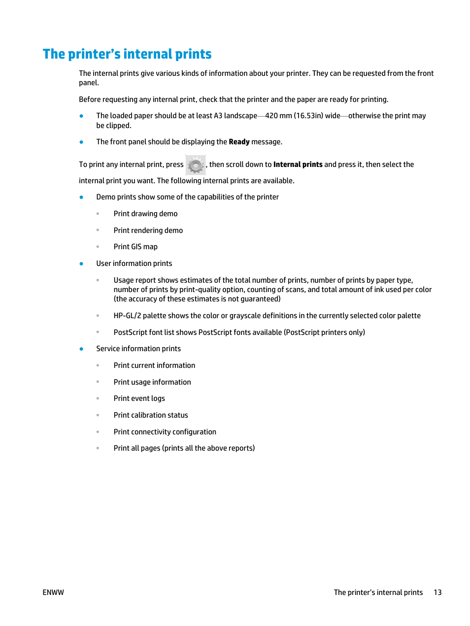 The printer’s internal prints | HP Designjet T3500 Production eMFP User Manual | Page 23 / 278