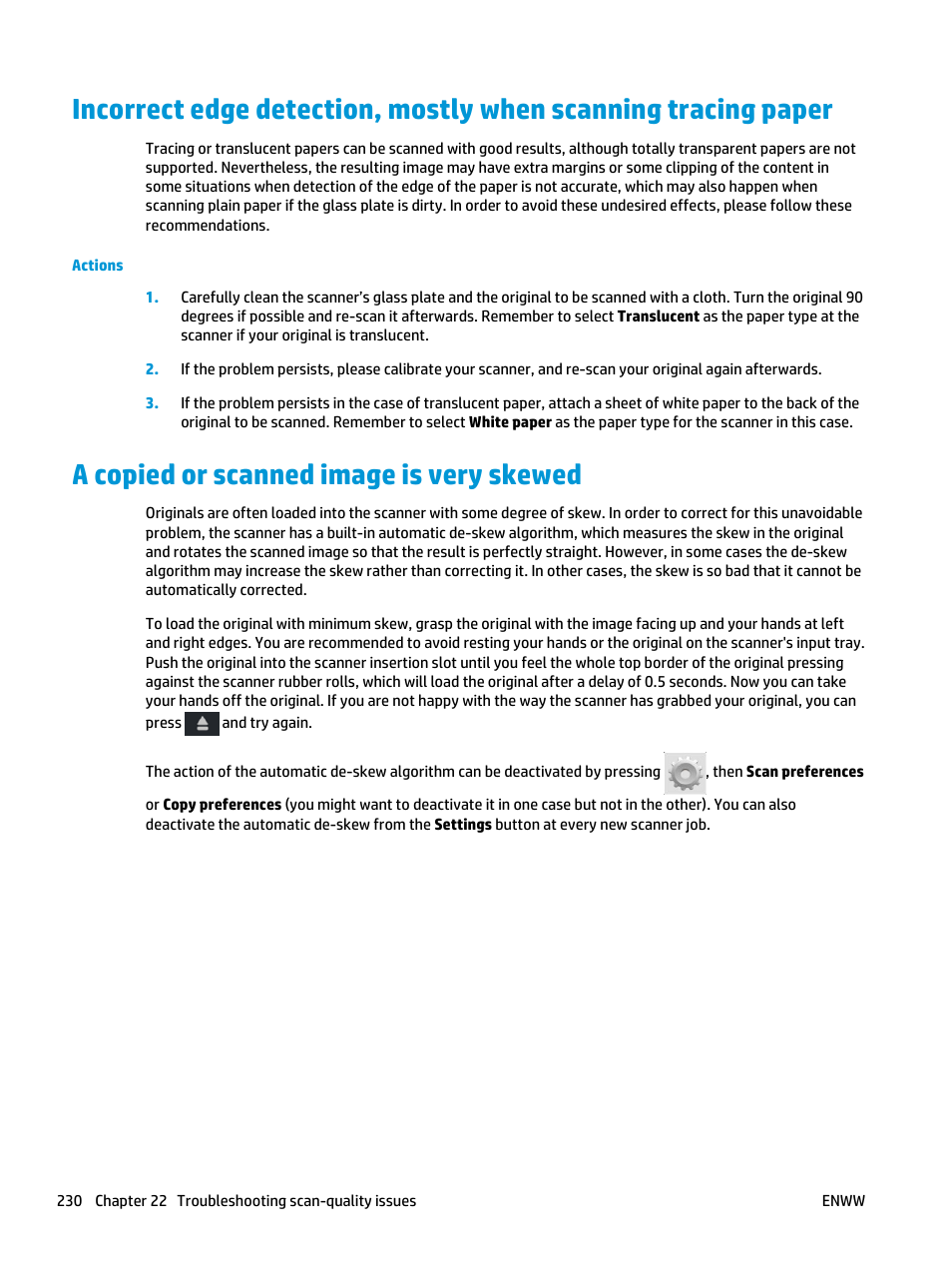 A copied or scanned image is very skewed | HP Designjet T3500 Production eMFP User Manual | Page 240 / 278