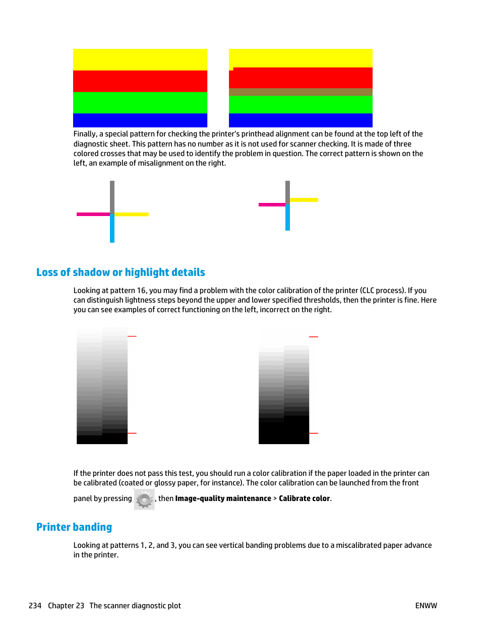 Loss of shadow or highlight details, Printer banding | HP Designjet T3500 Production eMFP User Manual | Page 244 / 278