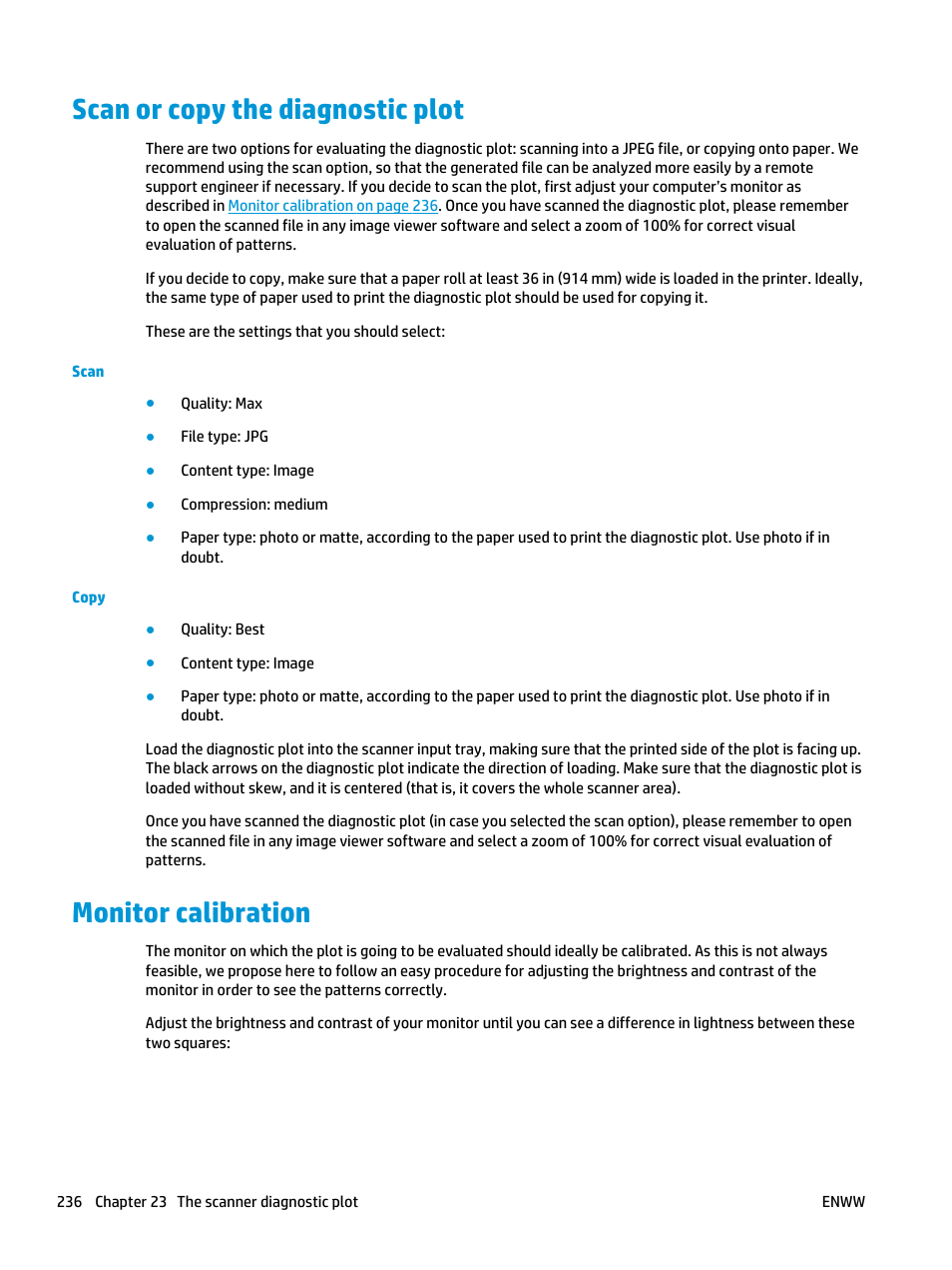 Scan or copy the diagnostic plot, Monitor calibration | HP Designjet T3500 Production eMFP User Manual | Page 246 / 278
