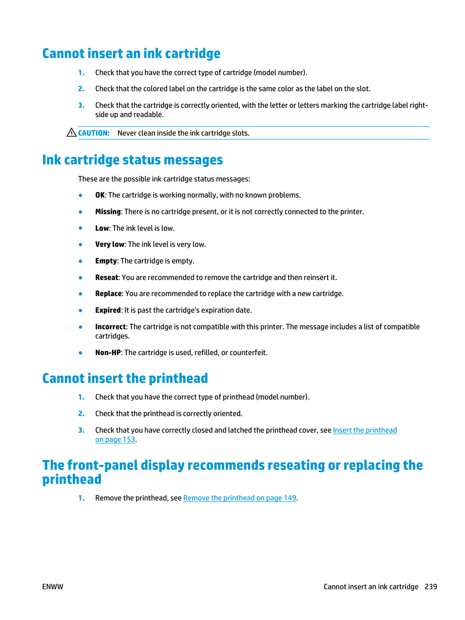Cannot insert an ink cartridge, Ink cartridge status messages, Cannot insert the printhead | HP Designjet T3500 Production eMFP User Manual | Page 249 / 278