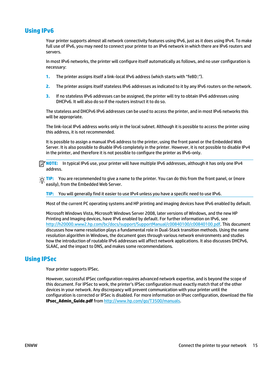 Using ipv6, Using ipsec | HP Designjet T3500 Production eMFP User Manual | Page 25 / 278