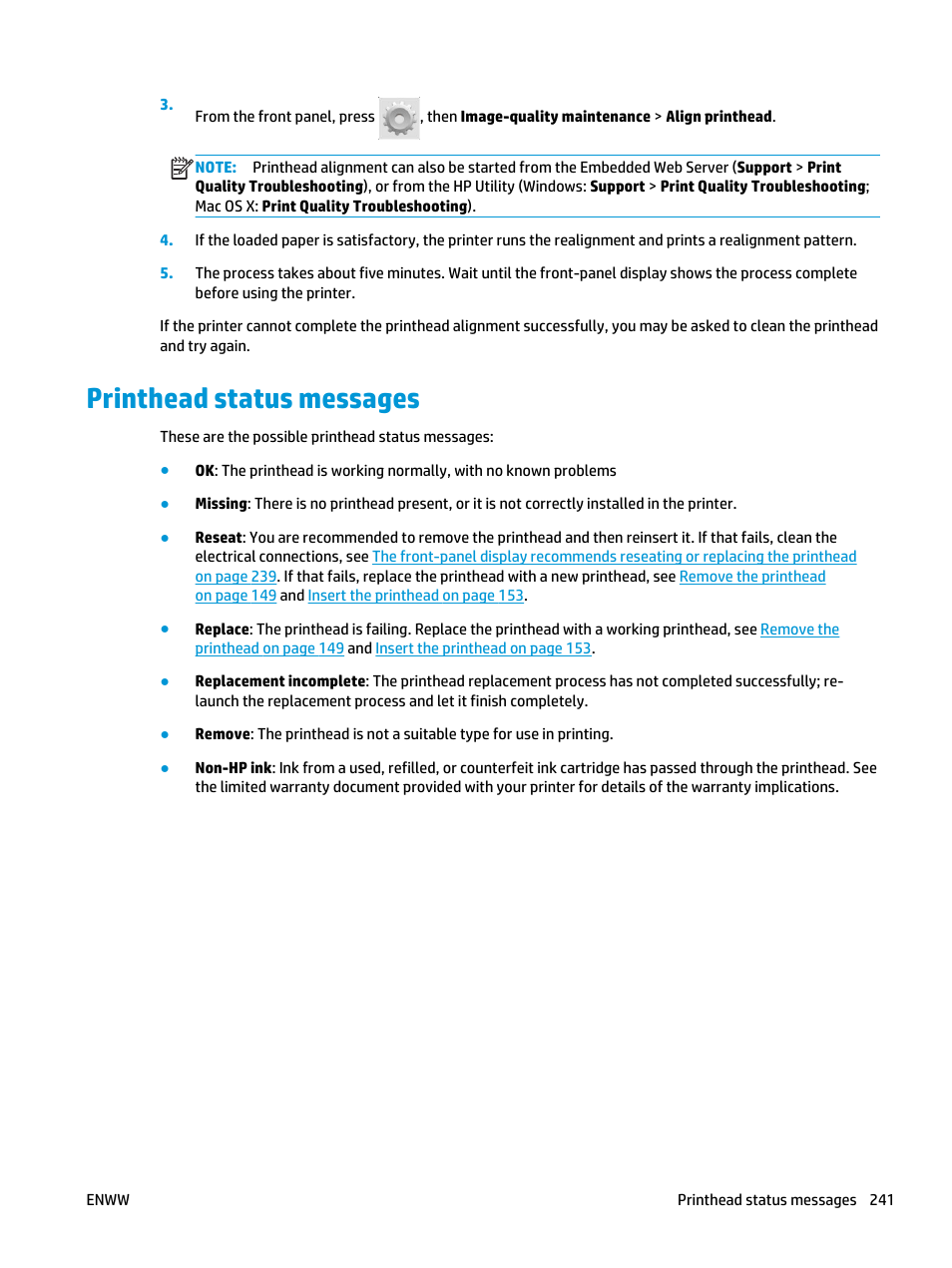 Printhead status messages | HP Designjet T3500 Production eMFP User Manual | Page 251 / 278